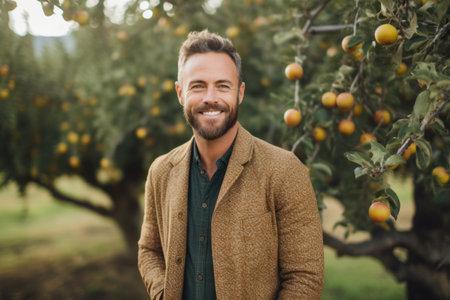 Portrait of a handsome man standing in an orchard and smilingの素材
