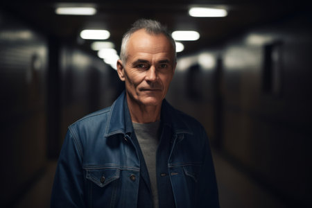 Portrait of a senior man in a subway tunnel looking at the cameraの素材