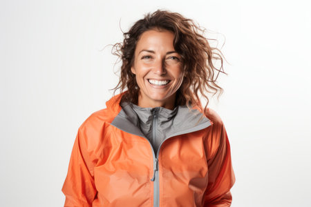 Portrait of a smiling woman in winter jacket looking at camera isolated over white backgroundの素材