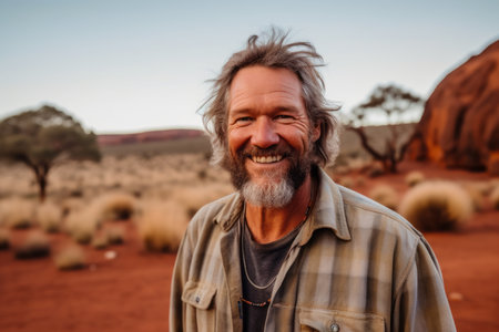 Handsome middle aged man smiling at camera in the desert of Namibiaの素材