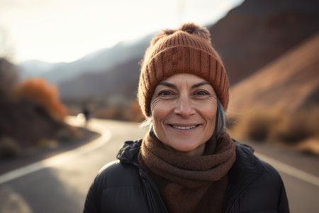 Portrait Of Mature Woman Wearing Winter Hat On Desert Roadの素材