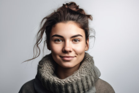 Portrait of a beautiful young woman in a gray sweater and scarfの素材