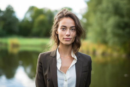 Portrait of a beautiful young woman in a business suit, outdoorsの素材