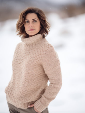 Portrait of a beautiful woman in a sweater on a background of snowの素材