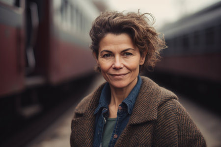 Portrait of a smiling middle-aged woman at the train stationの素材