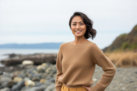 Portrait of a smiling young woman standing on a stony beachの素材