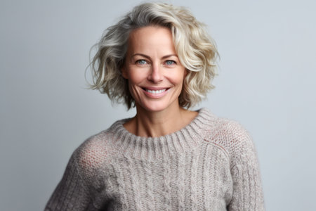 Portrait of a beautiful middle-aged woman in a knitted sweaterの素材