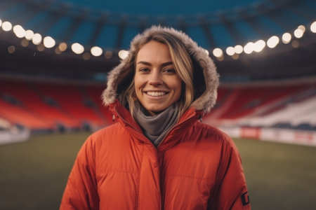 Portrait of smiling young woman in winter jacket standing on football stadiumの素材