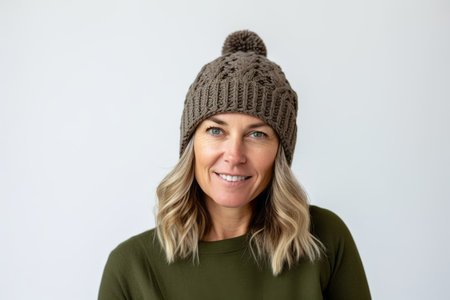 Portrait of smiling woman in knitted hat over white background.の素材