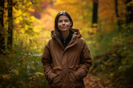 Portrait of a beautiful young woman in a raincoat in autumn forestの素材