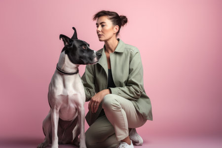 attractive young woman sitting with dog and looking away on pink backgroundの素材