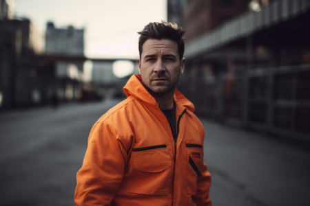 young handsome man in sport orange jacket posing in urban background, lifestyle people conceptの素材