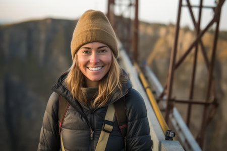 Portrait of a smiling young woman standing on a bridge in the mountainsの素材