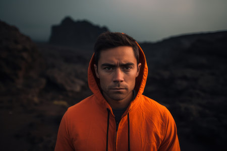 Young man wearing an orange hooded jacket standing in the desert.の素材