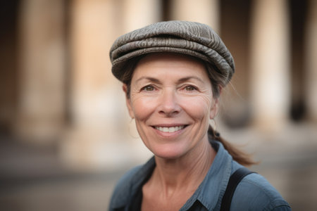 Portrait of smiling mature woman with cap standing in city street.の素材