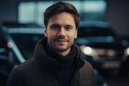 Portrait of a handsome young man with a beard standing in a car salonの素材