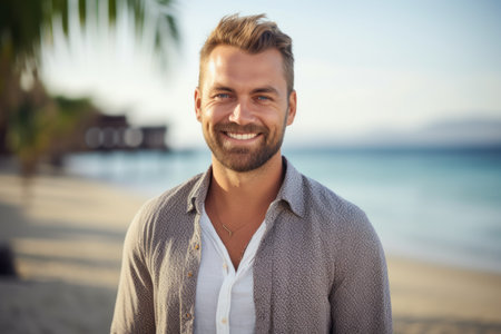 Portrait of handsome young man smiling at camera while standing on beachの素材