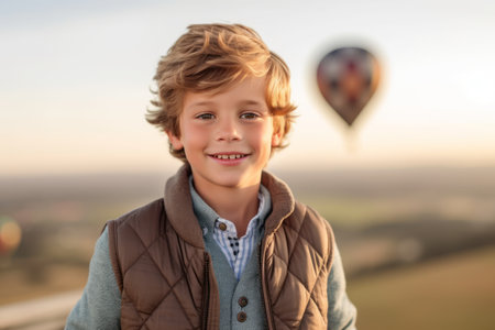 Portrait of cute little boy on the background of a hot air balloonの素材
