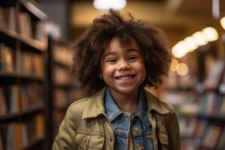 happy african american little girl in library at school or nurseryの素材