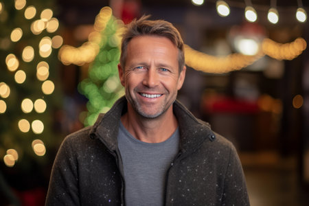Portrait of a handsome man smiling at the camera in front of a Christmas treeの素材