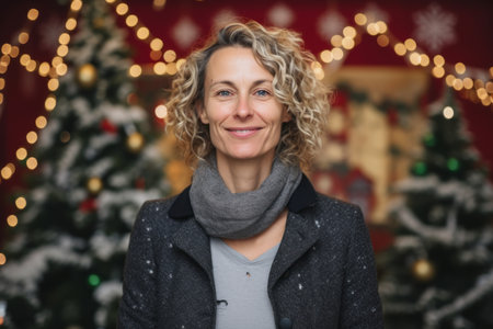 Portrait of smiling woman standing in front of christmas tree at homeの素材
