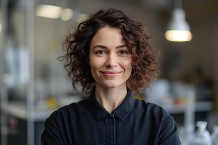 Portrait of a beautiful young woman with curly hair standing in a cafeの素材