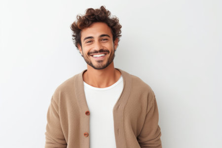 Portrait of a handsome young man smiling while standing against white backgroundの素材