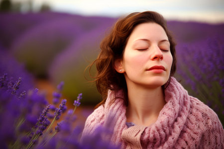 Portrait of a beautiful young woman in lavender field at sunsetの素材