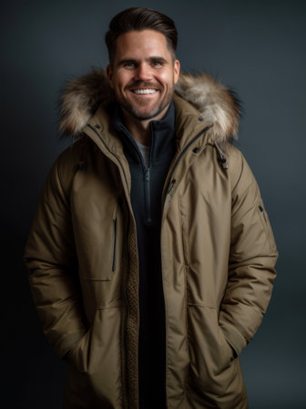 Portrait of a handsome smiling man in winter jacket on gray backgroundの素材
