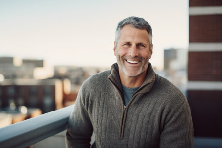 Portrait of smiling mature man standing on balcony in the city at sunsetの素材