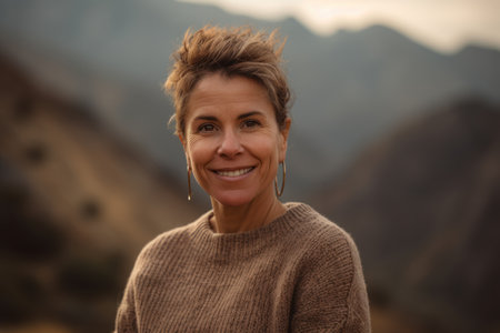 Portrait of a smiling middle-aged woman with short hair in a knitted sweater against the background of mountainsの素材