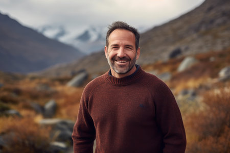 Portrait of a handsome smiling man standing in the middle of an autumn landscapeの素材