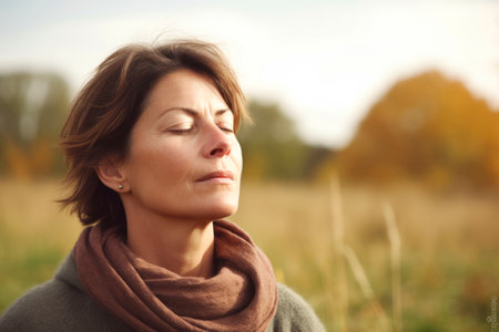 Portrait of a woman with closed eyes in the autumn field.の素材