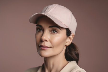 Beautiful young woman in baseball cap on color background, closeupの素材