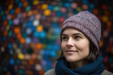 Portrait of a beautiful woman in a hat and scarf on the background of a colorful wallの素材