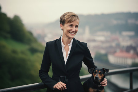 Beautiful woman with her dog on the bridge in Prague, Czech Republicの素材