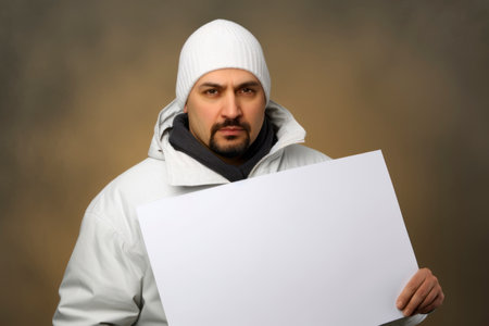 Handsome bearded man in winter clothes holding blank sheet of paper. Copy space.の素材