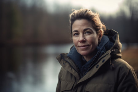 Portrait of a beautiful middle-aged woman in a raincoat.の素材