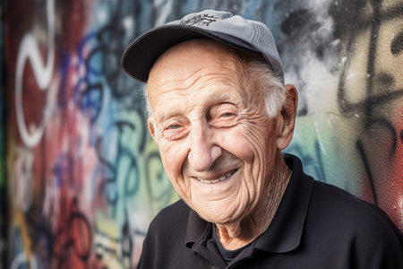 Portrait of an elderly man smiling in front of a graffiti wallの素材