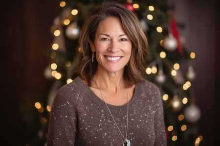 Portrait of a smiling woman in front of a Christmas treeの素材