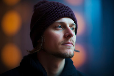 Portrait of a handsome young man in a warm winter hat.の素材