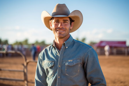 Portrait of a smiling cowboy wearing a cowboy hat at a rodeoの素材