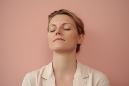 Portrait of a young woman with closed eyes on a pink backgroundの素材
