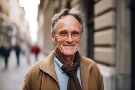Portrait of smiling senior man with eyeglasses in the cityの素材