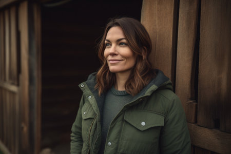 Portrait of a beautiful young woman in a green coat on a wooden backgroundの素材