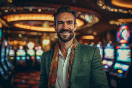Portrait of a handsome young man smiling while standing in casino.の素材