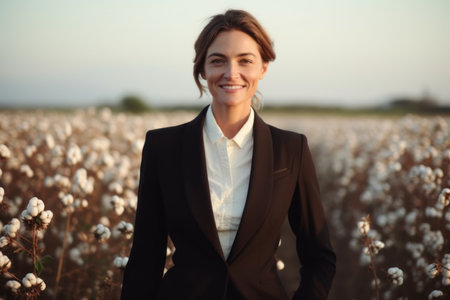 Portrait of a beautiful young business woman standing in cotton field.の素材