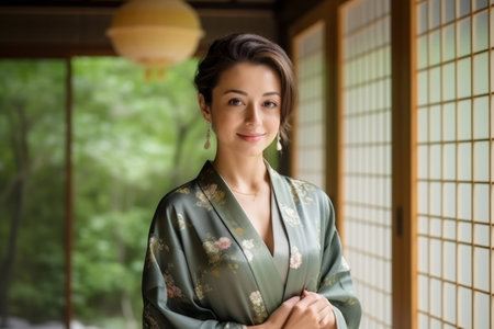 Beautiful woman in kimono standing in japanese roomの素材