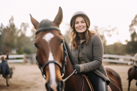 Portrait of a smiling young woman riding a horse on a ranchの素材