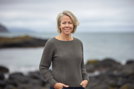 Portrait of a smiling senior woman standing at the beach in Icelandの素材
